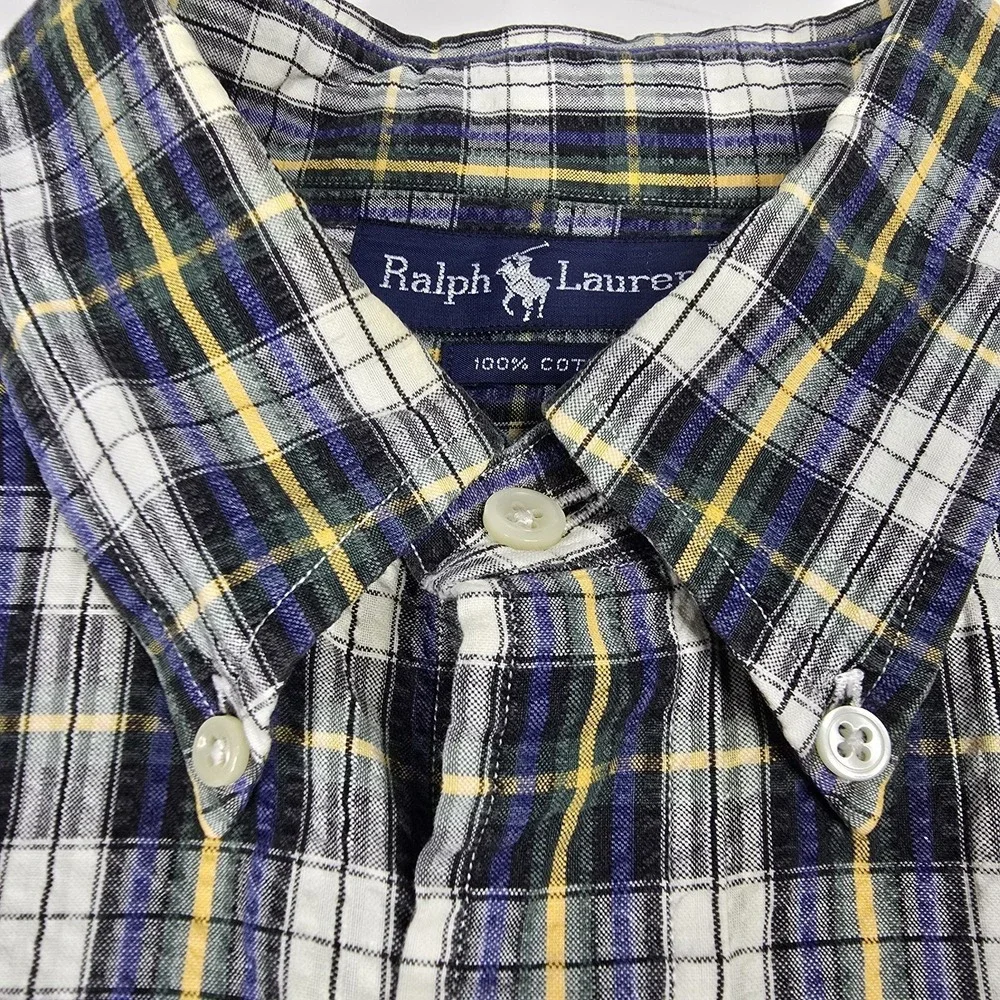 VTG POLO RALPH LAUREN Men L Plaid SEERSUCKER Button-Up‎ Shirt GREEN PONY Golf